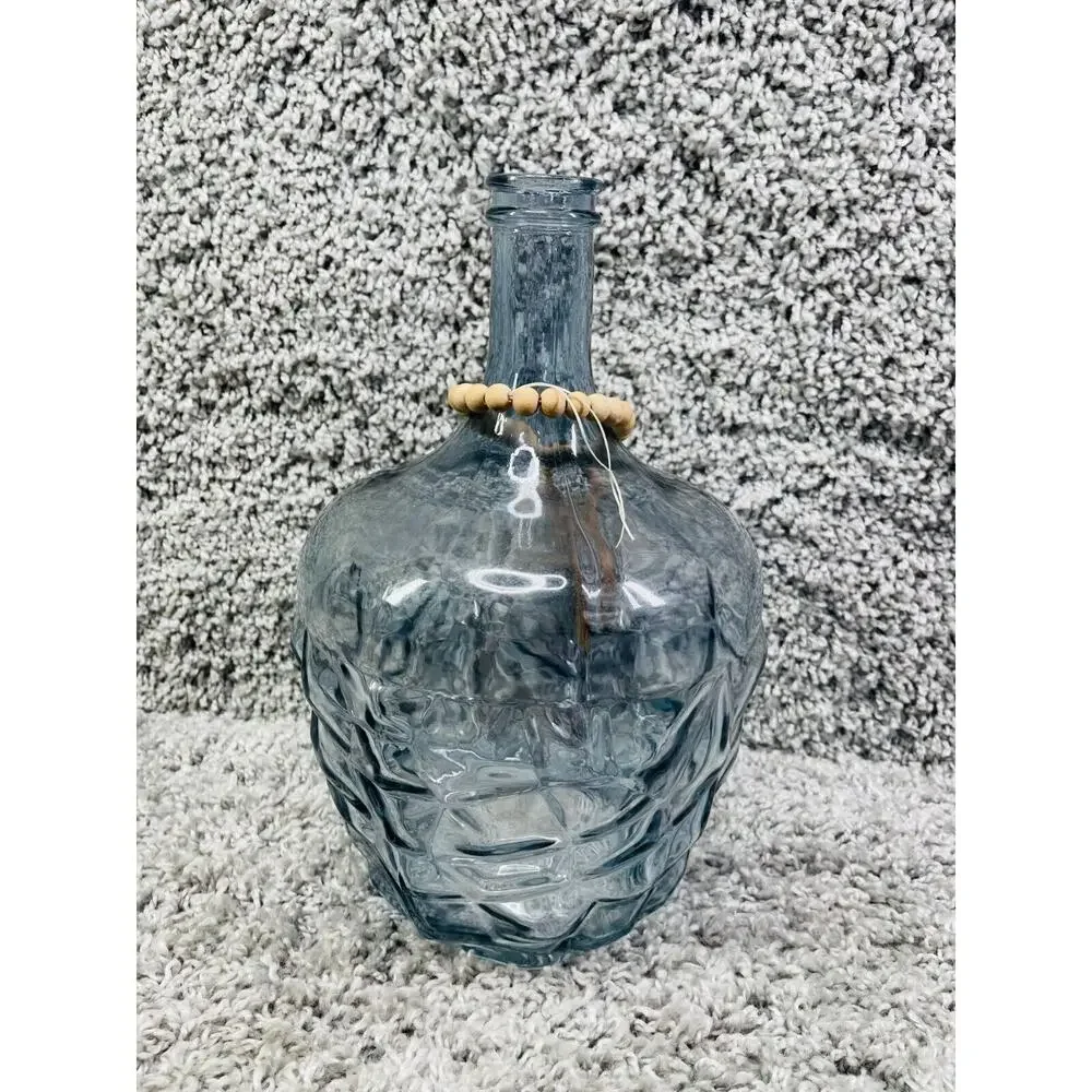 Blue Art Glass Bottle Vase With Round Wooden Beaded Tassel Garland 11